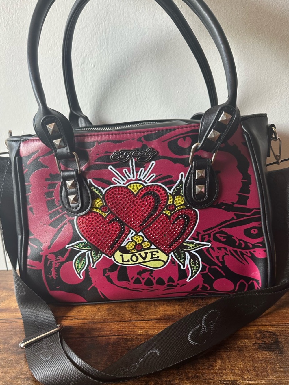 Ed Hardy Red and Black Rhinestone Heart Tote with Stud Accents Insulated NWT